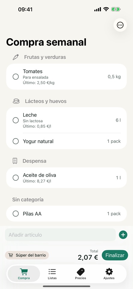 Cesta en modo compra: lista semanal por categorías con el total acumulado