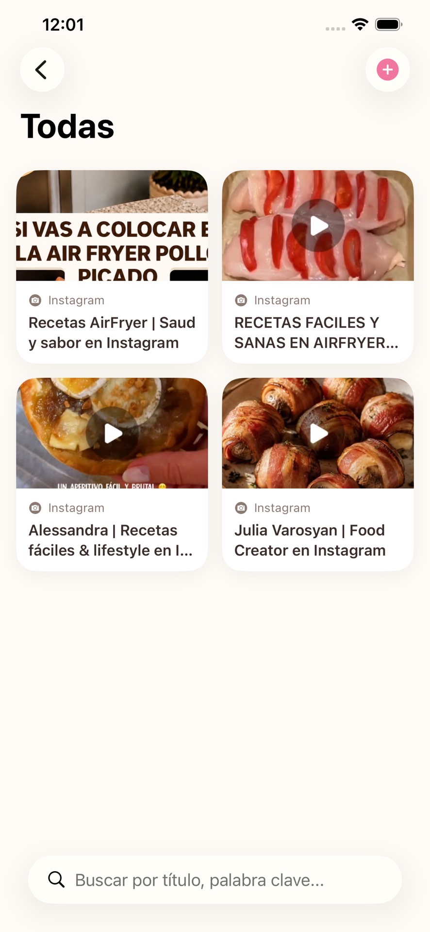 Captura de LaterBites mostrando recetas guardadas organizadas por categorías