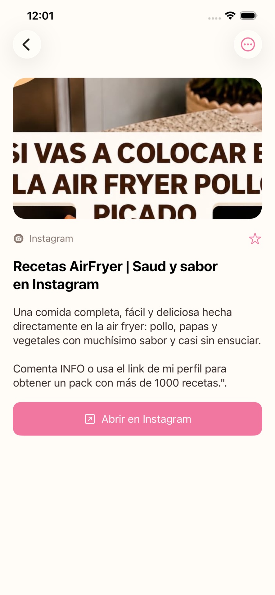 Captura de LaterBites mostrando el detalle de una receta guardada desde Instagram